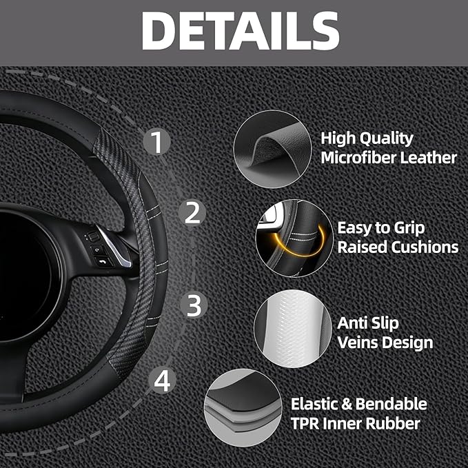 NBTEPEM 6 Pcs Black Car Accessories Set, Sport Leather Steering Wheel Cover 14.5-15inch Universal, Car Center Console Cover, Seat Belt Cushion, Cup Holder Coaster (Black Carbon Fiber)