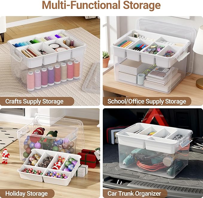 80Qt Large Stackable Storage Bins with Lids & Trays, Clear Plastic Latching Boxes Organizers with Dividers Portable 20Gal Containers for Arts & Crafts, Home and Car Trunk Organization, 2Pack