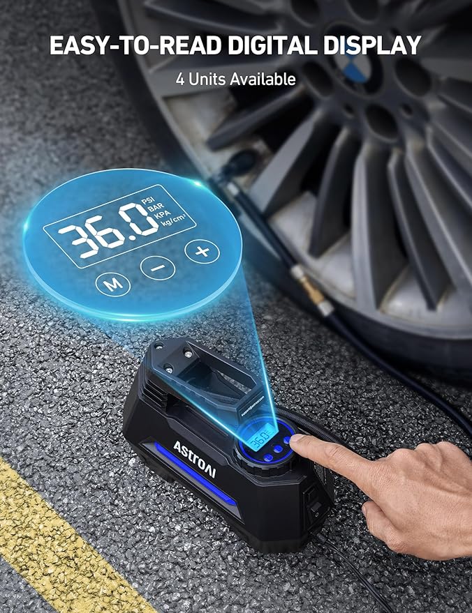 AstroAI Tire Inflator Portable Air Compressor Air Pump for Car Tires-Car Accessories, 9.8Ft Cord-12V DC-Powered Auto Pump with Digital Pressure Gauge, Emergency LED Light for Bicycle, Balloons, Blue