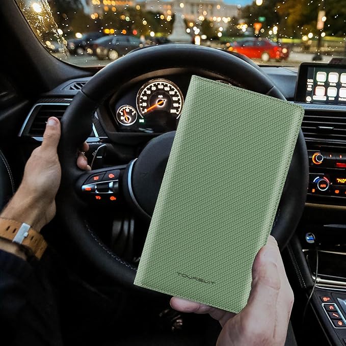 TOURSUIT Car Registration and Insurance Card Holder, Vehicle License Document Glove Box Compartment Organizer, Interior Car Accessories for Women Men Teens (Carbon Green)