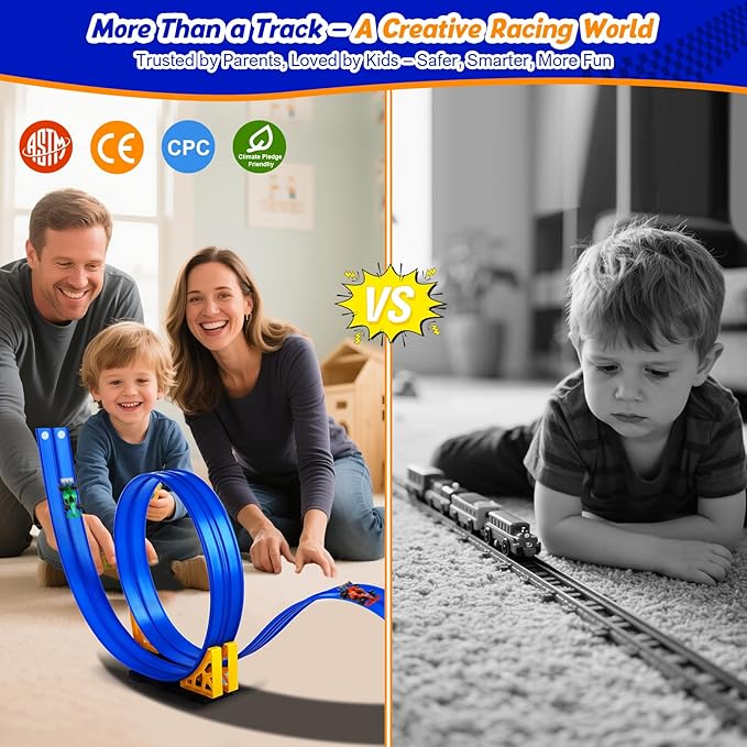 Nicmore Flexible Race Track Toy Set: 15ft DIY Bendable Ramp with Suction Cups – Portable Roll-Up Car Track for Kids Compatible with 1:64 Diecast Cars – Birthday Christmas for Boys Girls Ages 3+
