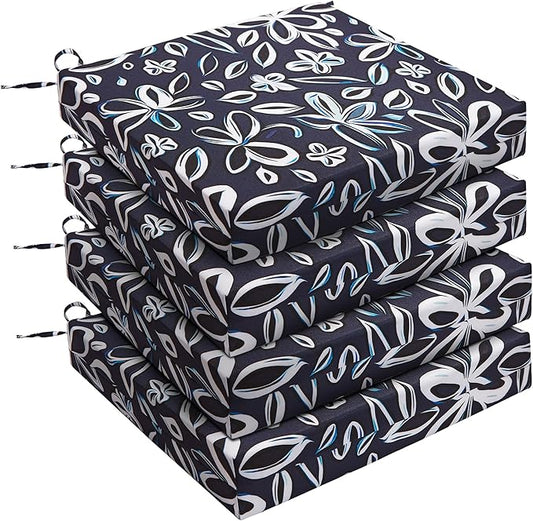 UNIKOME Outdoor Chair Cushions Pack of 4, Water Resistant Patio Cushions with Ties, High Density Sponge Filling Square Corner Seat Cushions for Outdoor Furniture, 24"*24"*4", Navy/White