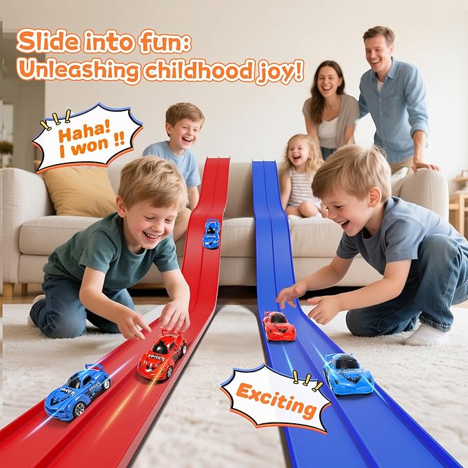 KETIEE Flex Tracks 16Ft for Kids: Flexible Race Car Ramp Track with 2 Small Racecars and 4 Suction Cups Compatible with Diecast 1/64th Cars, Rolls Up Portable Racetrack for Ages 3 & Up