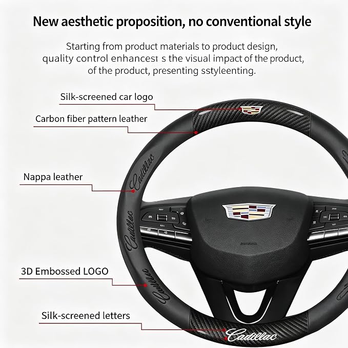 fir for Cadillac Steering Wheel Cover, Carbon Fiber Texture Nappa Leather,Custom Embossed Logo, Round Shape,Car Steering Wheel Protector Compatible with Cadillac Escalade XT4 XT5 XT6 Accessories