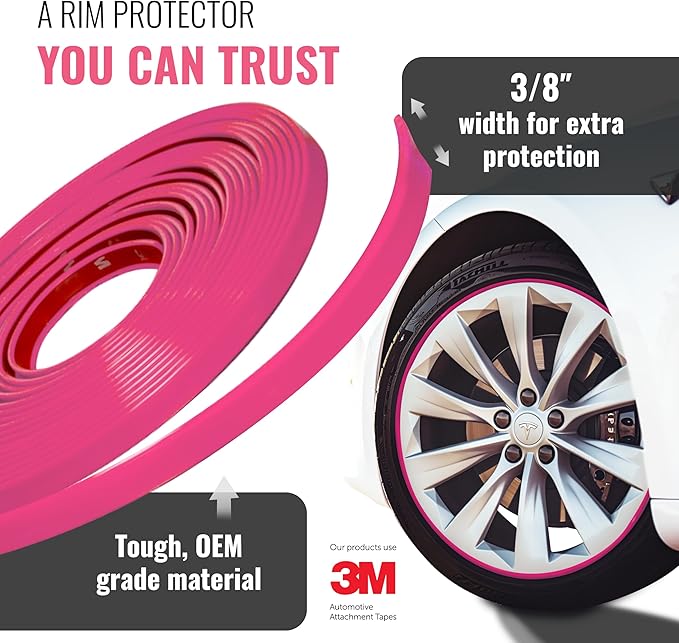 All-Fit Automotive Rim Trim – Durable DIY Car Exterior Accessories for Curb Rash Protection – Fits Up to Four 24” Wheels – Flexible, Durable Wheel Rim Protector (3/8″ width/Pink)