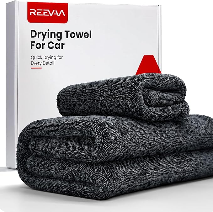 REEVAA Twisted Loop Car Drying Towel, [1300GSM, Pro-Grade Care] Car Microfiber Cleaning Cloth Accessories, Streak Free, Lint Free, Reusable, 2Pcs (36"×24"+16"×16"), Black Gray