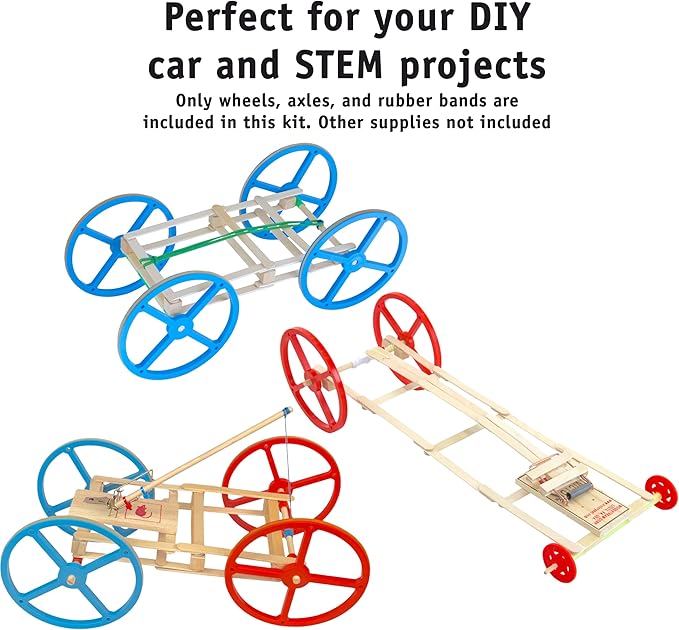 Large Plastic Toy Project Wheels and Axles, for Mousetrap Car and Rubber Band Car Projects, 20 Wheels, 20 Rubber Bands, 10 Dowels