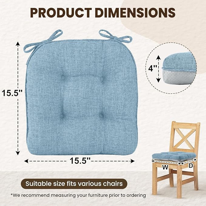 downluxe Indoor Chair Cushions for Dining Chairs, Tufted Overstuffed Textured Kitchen Chair Pads with Ties and Non-Slip Backing, 15.5" x 15.5" x 4", Light Blue, 4 Pack