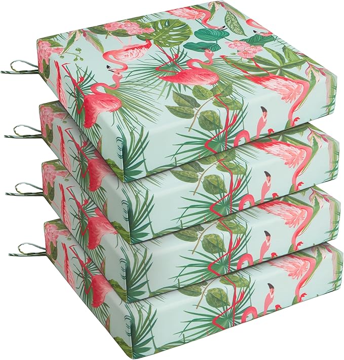 UNIKOME Outdoor Chair Cushions Pack of 4, Water Resistant Patio Cushions with Ties, High Density Sponge Filling Square Corner Seat Cushions for Outdoor Furniture, 24"*24"*4", Flamingos
