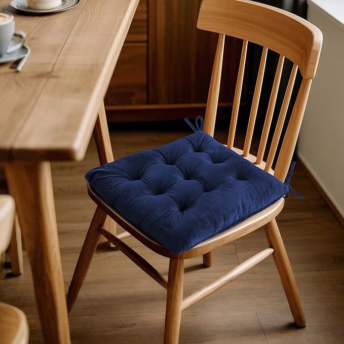 ELFJOY Set of 4 Square Chair Pads Indoor Seat Cushions Pillows with Ties Thick Soft Seat Cushion for Kitchen Dining Office Chair (18.8", Navy)
