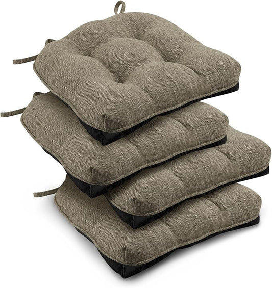downluxe Indoor Chair Cushions for Dining Chairs, Tufted Overstuffed Textured Memory Foam Kitchen Chair Pads with Ties and Non-Slip Backing, 15.5" x 15.5" x 4", Khaki, 4 Pack