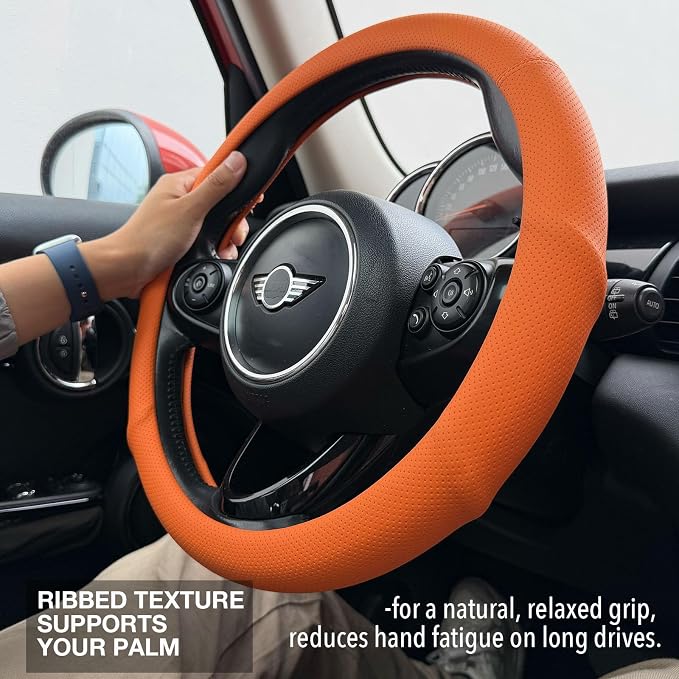 PINCTROT Nappa Leather Steering Wheel Cover with Ergonomic Palm Support Grip, Full Perforated Breathable, Slim Fit No Bulk Design, Universal 14.5-15 Inch (Hot Orange)
