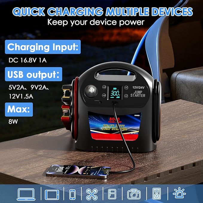 8000A 12V/24V Jump Starter for Large Gas & Diesel Engines, Heavy-Duty Portable Battery Booster Pack for Trucks, RVs & Commercial Vehicles with Force Start, Digital Display, LED Light & USB Charging