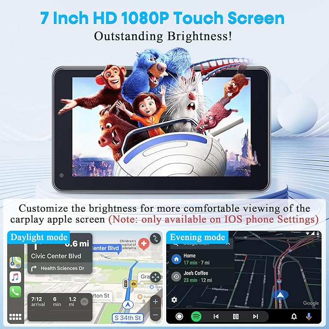 3-Min-Install Wireless Portable CarPlay Screen: Support Android Auto & Apple CarPlay - 7" HD 1080P Display with Voice Control, Hands-Free Callling, Maps Navigation, Upgrade for Older Cars in Daily Use