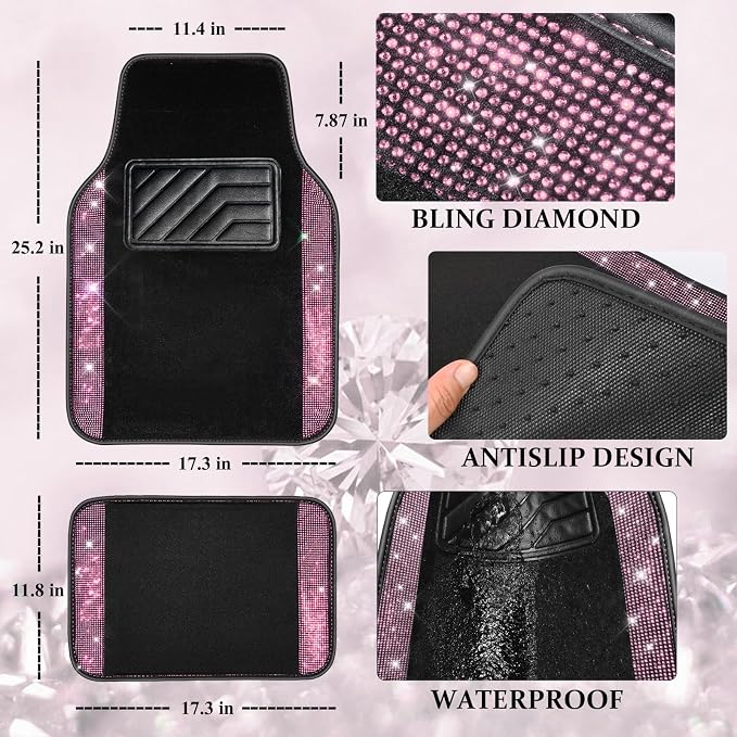 CAR PASS Bling Diamond Leather Steering Wheel Cover 14.5in-15in Floor Mats Shining Rhinestone Carpet Sparkly Glitter Crystal Anti-Slip Pad Fit Automotive SUV Pickup Truck Girl Women, 5pcs Black Pink
