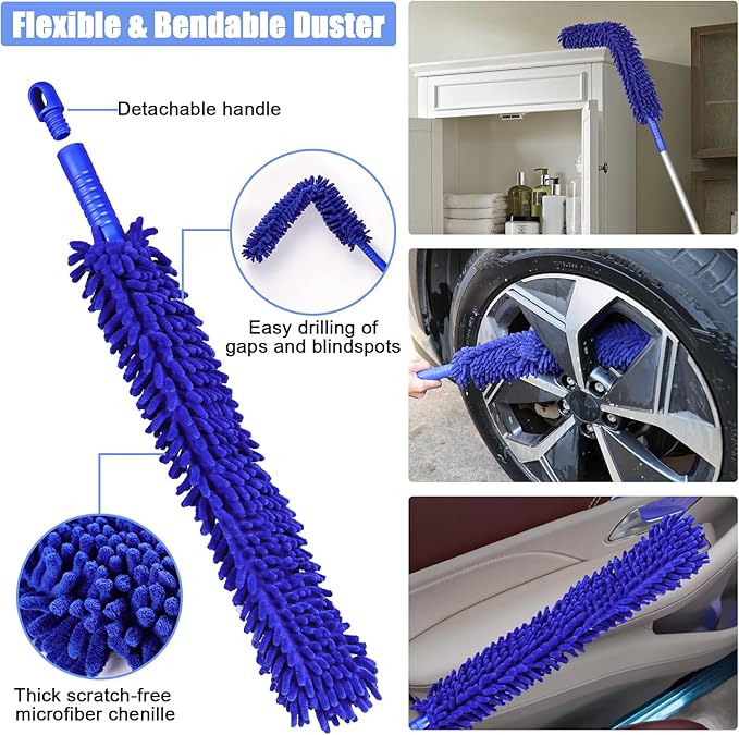 anngrowy 56.7" Car Wash Brush Mop Kit Mitt Sponge with Long Handle Car Cleaning Supplies Kit Tools Car Washing Duster Exterior Scratch Free, Chenille Replacement Head Extension Pole (Blue Set)