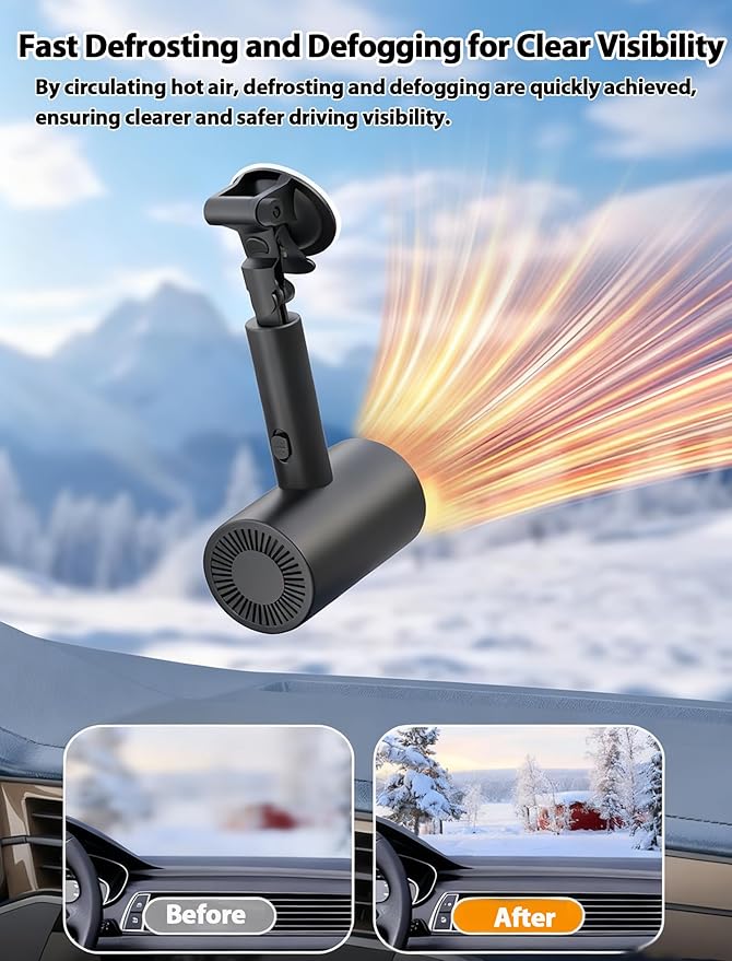 Car Heater,12V 150W Portable Heating & Cooling Fast Heating Defrost Defogger for Car Windshield, Plugs into Cigarette Lighter,Car Defroster Windshield WIth Rotation Scution Cup Holder