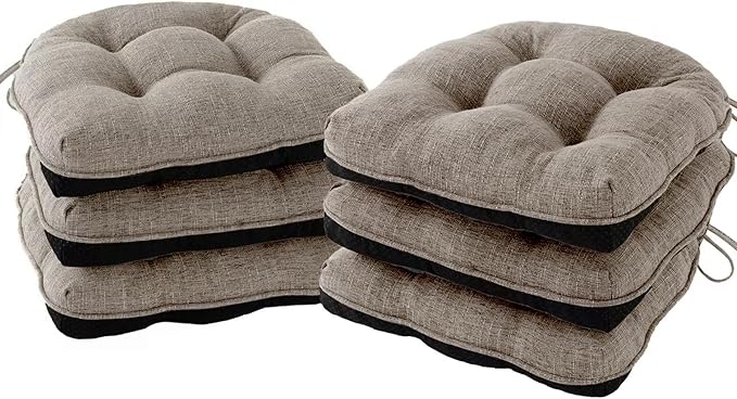 IPYNBAP Chair Cushions for Dining Chairs Set of 6, Kitchen Chair Cushions, Chair Pads with Ties and Non Slip Backing, Tufted Memory Foam Seat Cushion 6 Pack, 15.5" x 15.5" x 4", Khaki