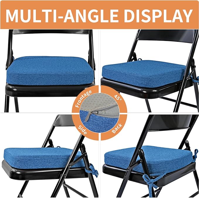 SINOSSO Memory Foam Chair Cushion for Folding Chair 1 Pcs, Thickened 2" Square Kitchen Chair Pad with Ties, Indoor Non-Slip Dining Chair Seat Cushion (1 Piece, Blue)