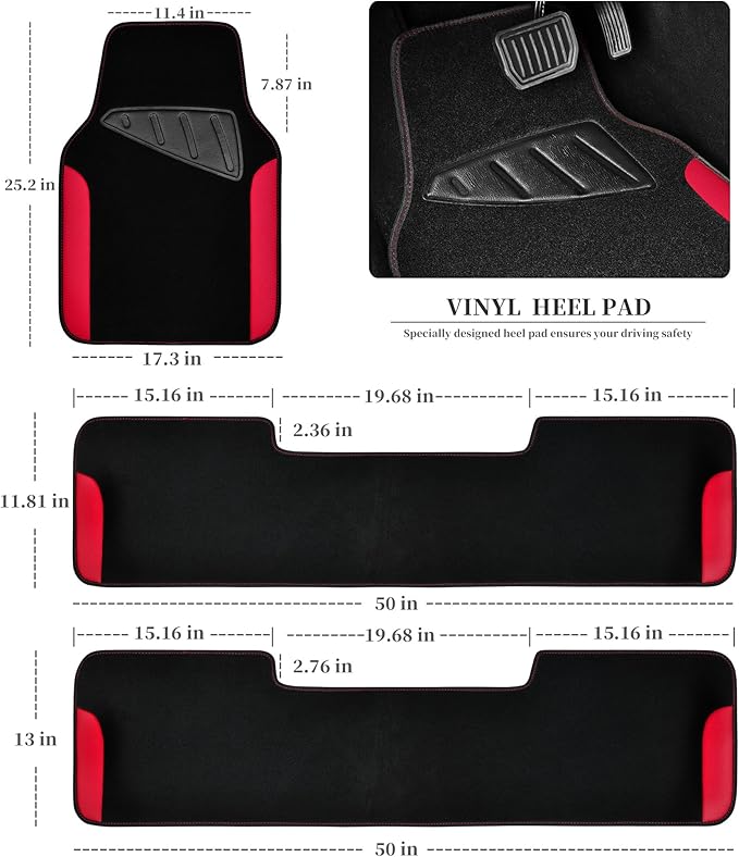 CAR PASS Waterproof Universal Faux Leather 3Row Car Floor Mats, Red Car Mats Fit for SUV,Vans,sedans, Trucks,Set of Vehicles Car Carpet with Driver Heel Pad and Anti-Slip Nibs Backing (Red 3Row)
