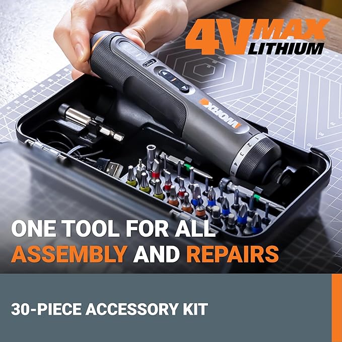 WORX WX242L 4V Lithium Screwdriver - 30-Piece Accessory Kit - Cordless Electric Driver - Rechargeable Battery - Black/Silver - Home DIY, Assembly, Furniture Installation, Repairs, Professional Use