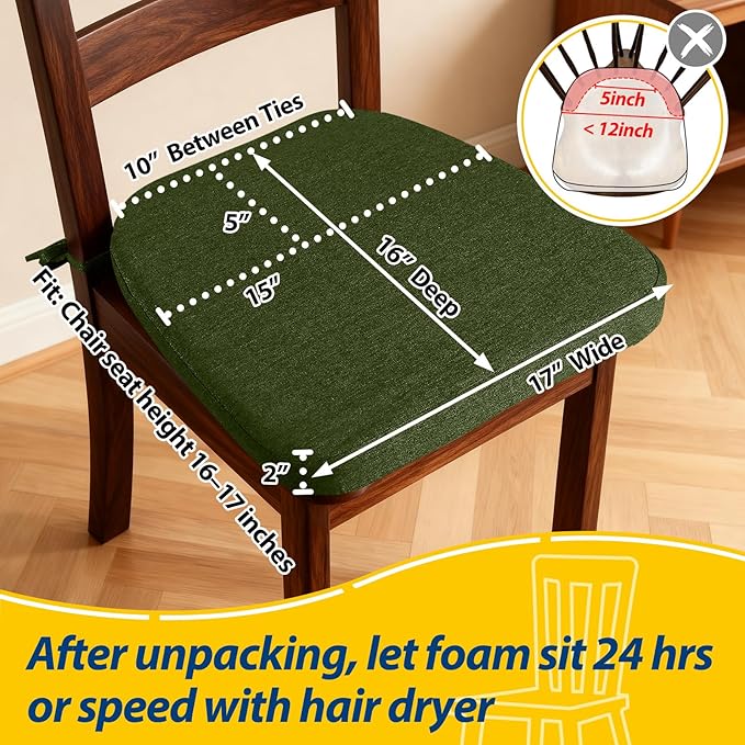 AAAAAcessories D-Shaped Chair Cushions, 2" Thick Dining Chair Pads with Ties and Removable, Machine-Washable Cover, 17" x 16", Dark Olive Green