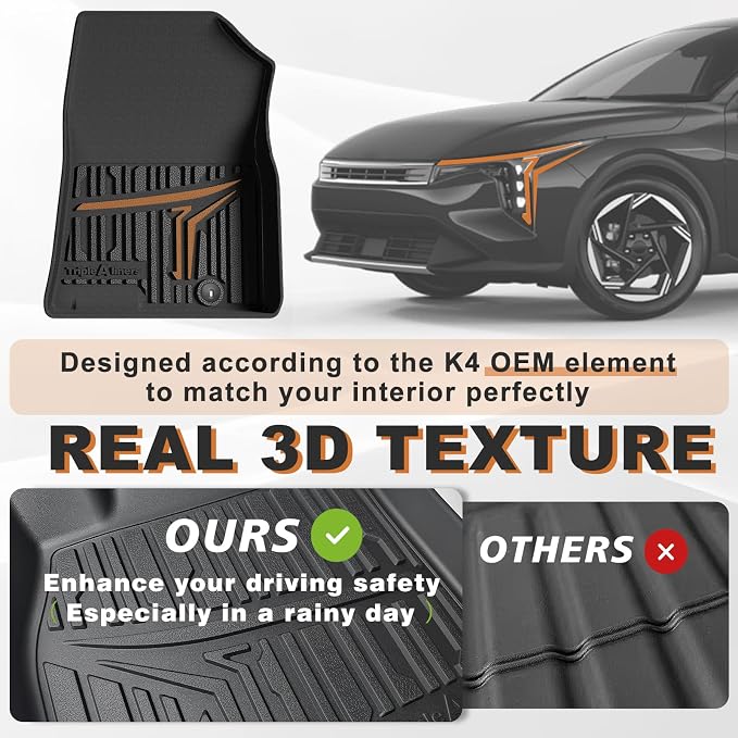TripleAliners Floor Mats & Trunk Mat Full Set Compatible with 2024 2025 2026 Kia K4 All Weather Liners TPE Custom Fit Anti-Slip Full Coverage Odorless Waterproof Cargo Liners(Trunk Mat+ Floor Mats)