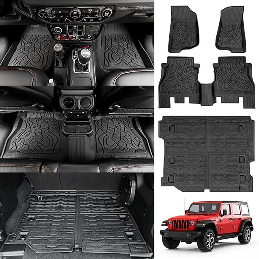 Cargo Liner with Floor Mats Fit for 2018-2025 Jeep Wrangler JL Unlimited 4 Door 4X4, Cargo Mat Durable TPE Floor Liner for 2024 Jeep Wrangler JL/JLU Accessories(Cargo Mat+Floor Mat)