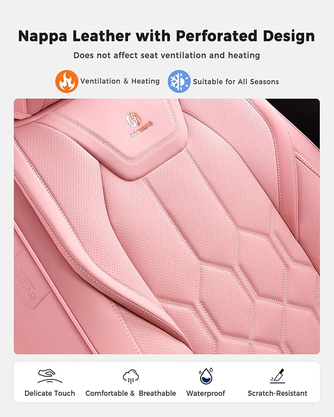 Huidasource Leather Car Seat Covers Full Set, Full Coverage Universal Fit for Most Cars SUVs Trucks, Easy Install with Velcro, Airbag Compatible, Retains Seat Functions & Cupholders, Pink