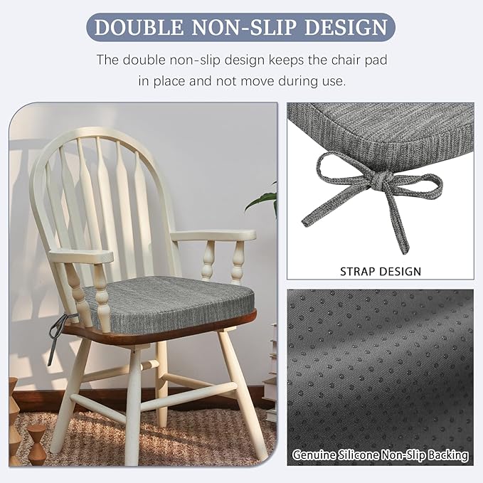 baibu Kitchen Chair Cushions Set of 4, Dual-Layer Patented Design Memory Foam Dining Chair Pads with Ties and Washable Cover, 4 Pack, 17" x 16" x 2", Grey