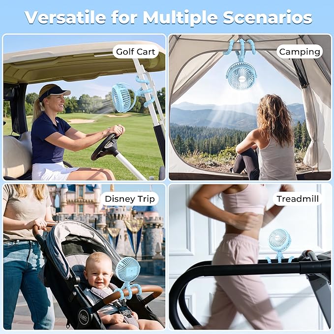 AMACOOL Battery Operated Stroller Fan, Baby Travel Essentials for Beach Disney, Newborn Boy & Girl Showers Gifts Registry Search, Flexible Tripod Clip On Fan for Car Seat Wagon Crib Bike Treadmill