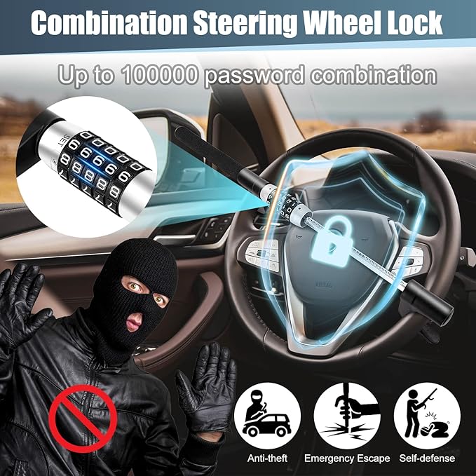 5 Digital Combination Car Steering Wheel Lock, LAMA Password Code Steering Lock, Retractable Keyless Heavy Duty Steering Wheel Lock, Universal Anti-Theft Car Steering Fit for Cars, Trucks, Vans, SUV