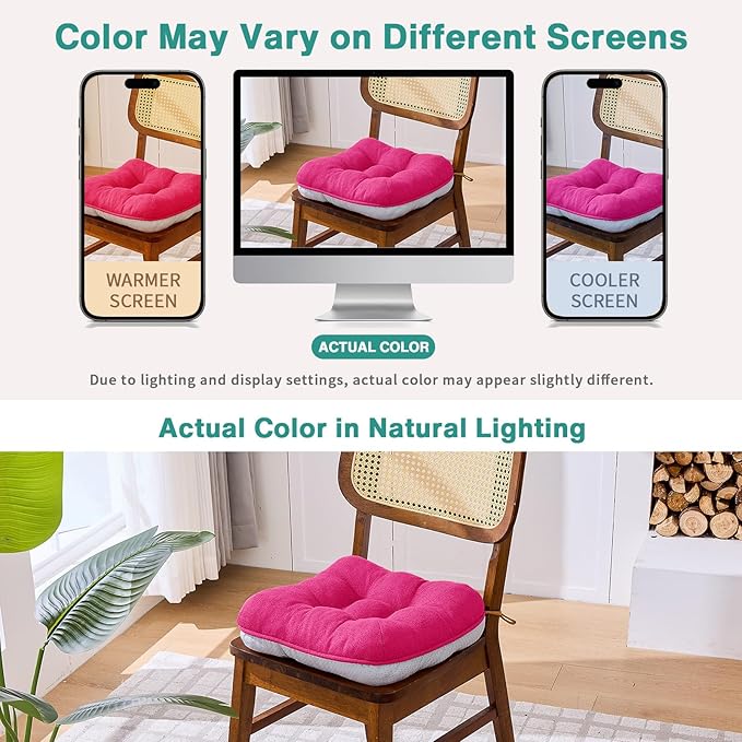 BETU Chair Cushions for Dining Chairs Set of 4,3.5" Thick Kitchen Table Chair Pads with Ties,Non Slip Backing and Covers, Seat Cushion for Dining Room,Bar,Patio Chairs,15.5"X15.5"X3.5",Hot Pink