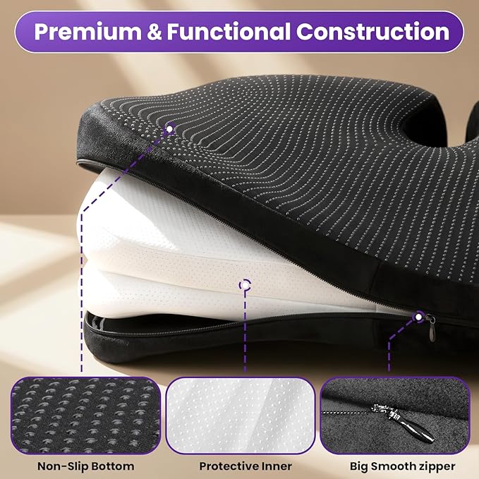 ZZ-WELL Seat Cushions for Office Chairs, Car Seat - Patented Coccyx Cushion for Tailbone Pain - Memory Foam Butt Cushion for Pressure Relief - Carry Handle & Non Slip Bottom (Black)