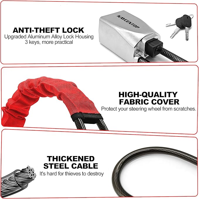 KAYCENTOP Car Steering Wheel Lock, Seat Belt Lock, Car Locks Anti-Theft Device with Aluminum Alloy Lock Housing, Max 17 Inch Length, High Visibility and Light-Weight, Universal Fit, 3Keys(Red)