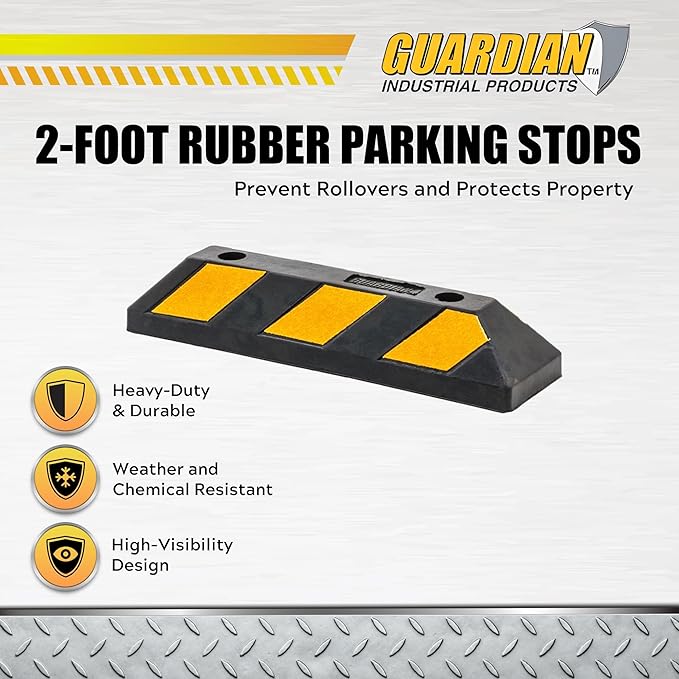 Guardian 4 Pack Parking Stop, 2 Foot Long Flexible Rubber Curb, Highly Visible Accessory with Mounting Holes for Job Sites and Garages, Black/Yellow