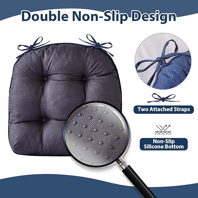 IASEAHK Chair Cushions for Dining Chairs, Seat Cushions for Kitchen Chairs, Indoor Seat Cushions with Ties, Tufted Foam Chair Pads, Non Slip Chair Cushions Set of 2, 15.5" x 15.5" x 4", Navy Blue