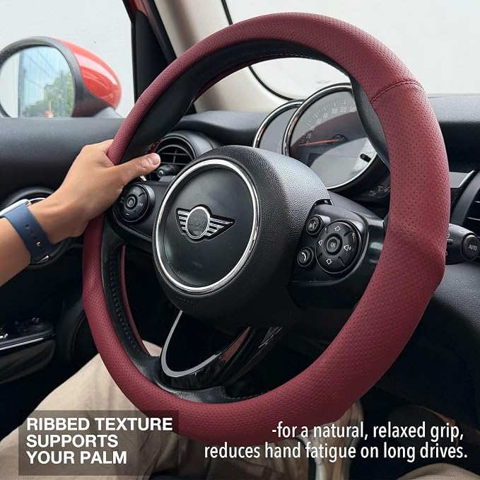PINCTROT Large Size Nappa Leather Steering Wheel Cover with Ergonomic Palm Support Grip, Full Perforated Breathable, Slim Fit No Bulk Design,15.5-15.75 Inch(Burgundy Red)