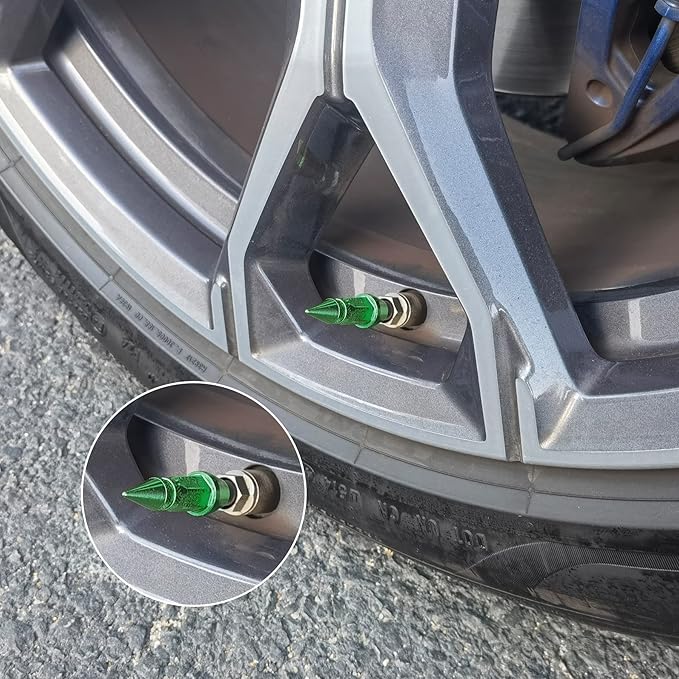 SINGARO 45mm Spiked Aluminum Stem Valve Caps, 4PCS Dustproof Tire Wheel Stem Caps for Cars, SUVs, Trucks Bicycles and Motorcycles(Green)