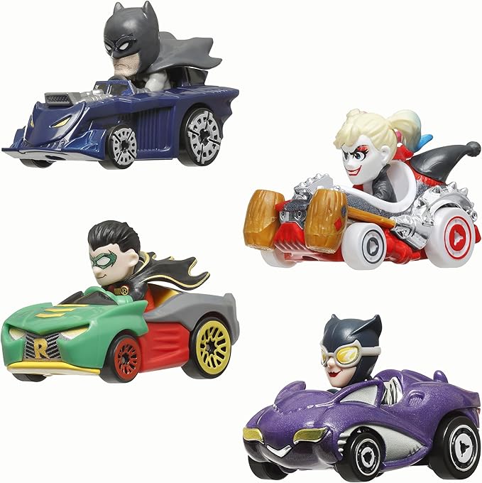 Hot Wheels RacerVerse, Set of 4 Die-Cars 1:64 Scale Toy Cars Optimized for Driving on Tracks with Pop Culture Characters as Drivers