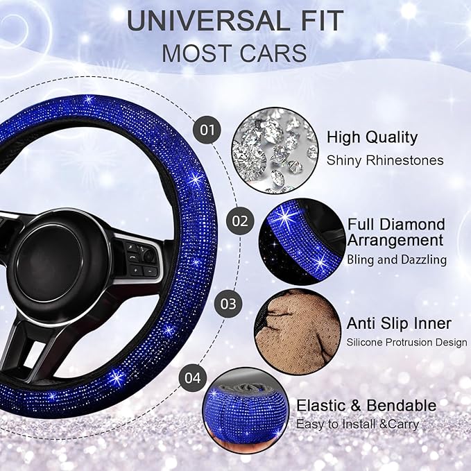 NBTEPEM 8 pcs Blue Bling Car Accessories Set for Women, Steering Wheel Cover, Sparkly Seat Belt Covers, Bling Gear Shift Cover, Universal Fit Most Cars (Blue Diamond)