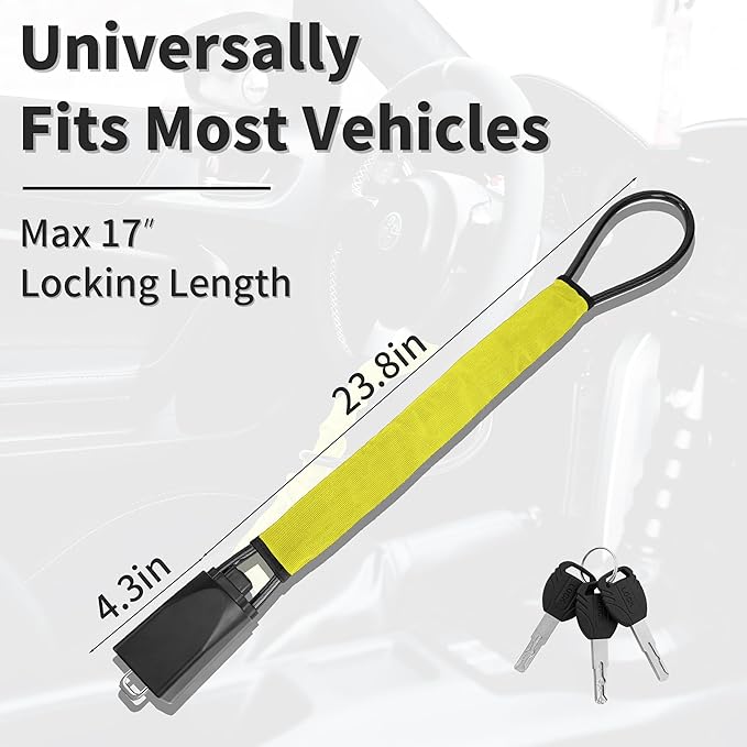 Car Steering Wheel Lock, 1 Pack Anti Theft Car Device with Max 17” Locking Length, Thickened Steel Wire, and Fine Stitched Edges, 3 Keys Included, Easy to Store, Fits Most Vehicles, SUVs（Yellow）