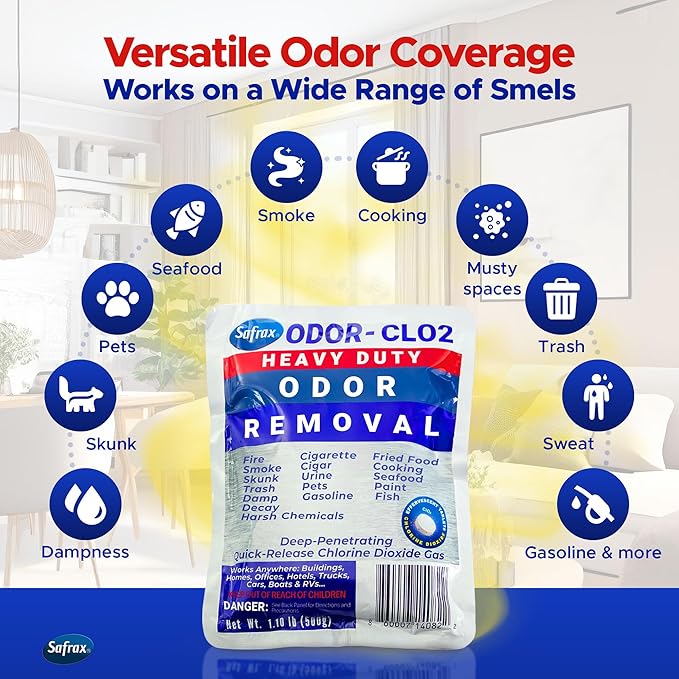 ODOR-CLO2 Chlorine Dioxide Odor Removal - Professional Grade Odor Remover for Home & Commercial Use, 500g