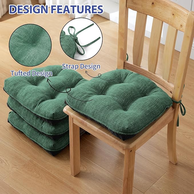 IPYNBAP Chair Cushions for Dining Chairs Set of 2, Kitchen Chair Cushions, Chair Pads with Ties Non Slip Backing, Christmas Room Decor, Tufted Memory Foam Seat Cushion 2 Pack, 15.5x15.5x4, Dark Green