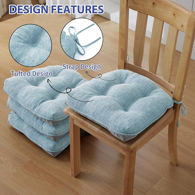 IPYNBAP Chair Cushions for Dining Chairs Set of 4, Kitchen Chair Cushions, Chair Pads with Ties and Non Slip Backing, Tufted Memory Foam Seat Cushion 4 Pack, 15.5" x 15.5" x 4", Baby Blue