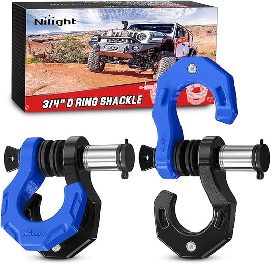 Nilight 2 Pack 3/4" D-Ring Separate Shackle with 7/8" Lock Pin 45,000 lbs Break Strength, Off Road Recovery Shackle with Isolators Washers for Use with Tow Strap, Winch, Truck Vehicle (Black&Blue)