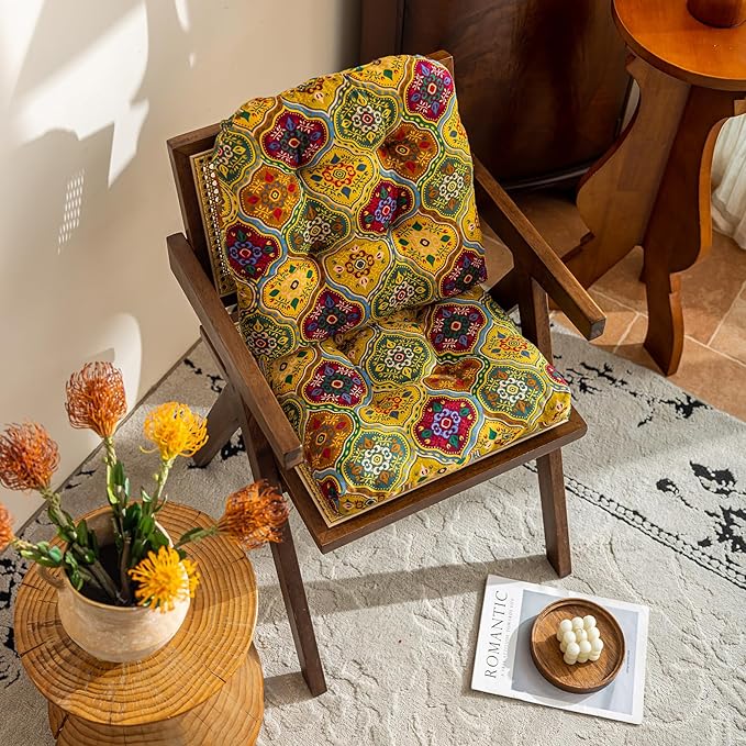 vctops Boho Geometric Chair Cushions with Ties U-Shaped Soft Cozy Cotton Linen Chair Pads Non Slip Seat Cushions for Indoor Dining Room and Kitchen Chairs (Yellow,16"x16")