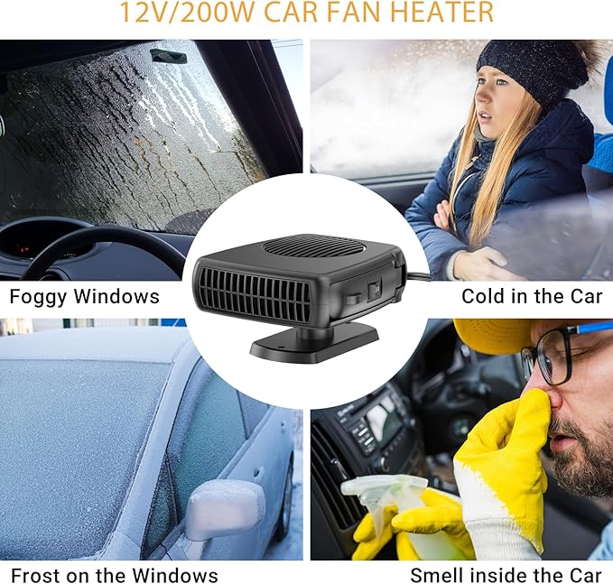 12V Car Heater, 200W Portable Windshield Defroster with Heating/Cooling Fan and Plug in Cigarette Lighter Fast Heating Defrost Defogger with Ergonomic Handheld Design for All Kinds of Cars