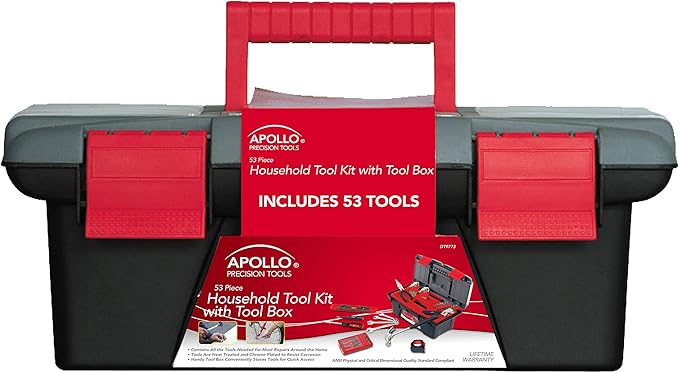 Apollo Tools 53 Piece Household Tool Set Includes Tools and Tool Box with a Selection of Most Needed Tools for Basic DIY Repairs, Maintenance and Crafts - Red