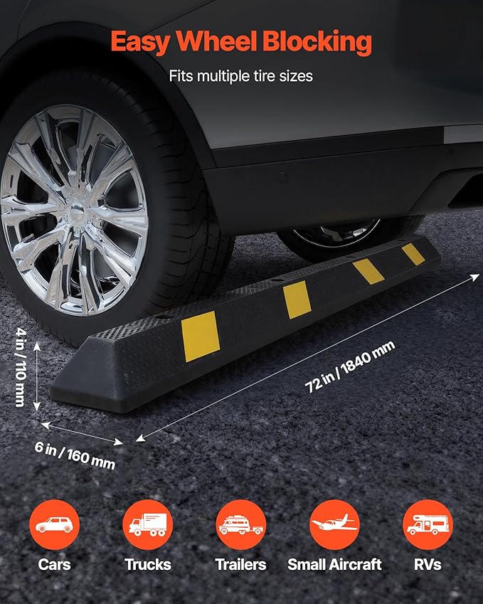 VEVOR Parking Stopper, 72 Inch Heavy Duty Parking Aid for Garage, Rubber Curb Garage Floor Stopper with Reflective Strips, Vehicles Gadgets for Cars Vans Trucks Tire Wheel Guide Block Stops Bumpers